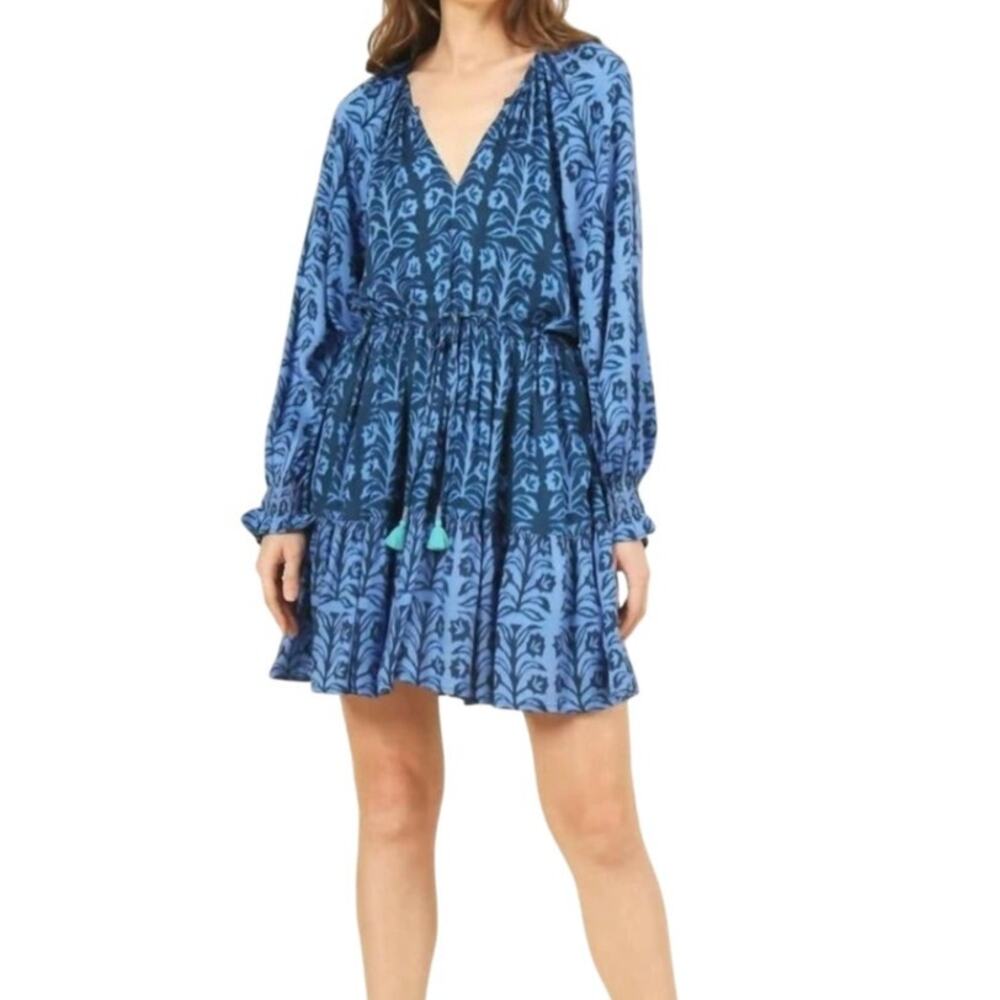 Omika Riviera Mini Dress XL Indigo Blue Print Boho Resort Kaftan Style